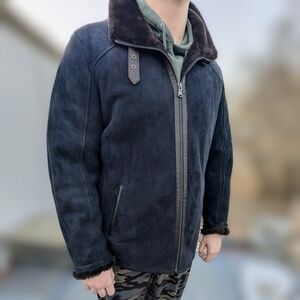 Overland Brian Spanish Merino Shearling Sheepskin Navy Bomber Jacket Leather